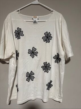 Talbots White Short Sleeve Tee with Black Floral Appliqués